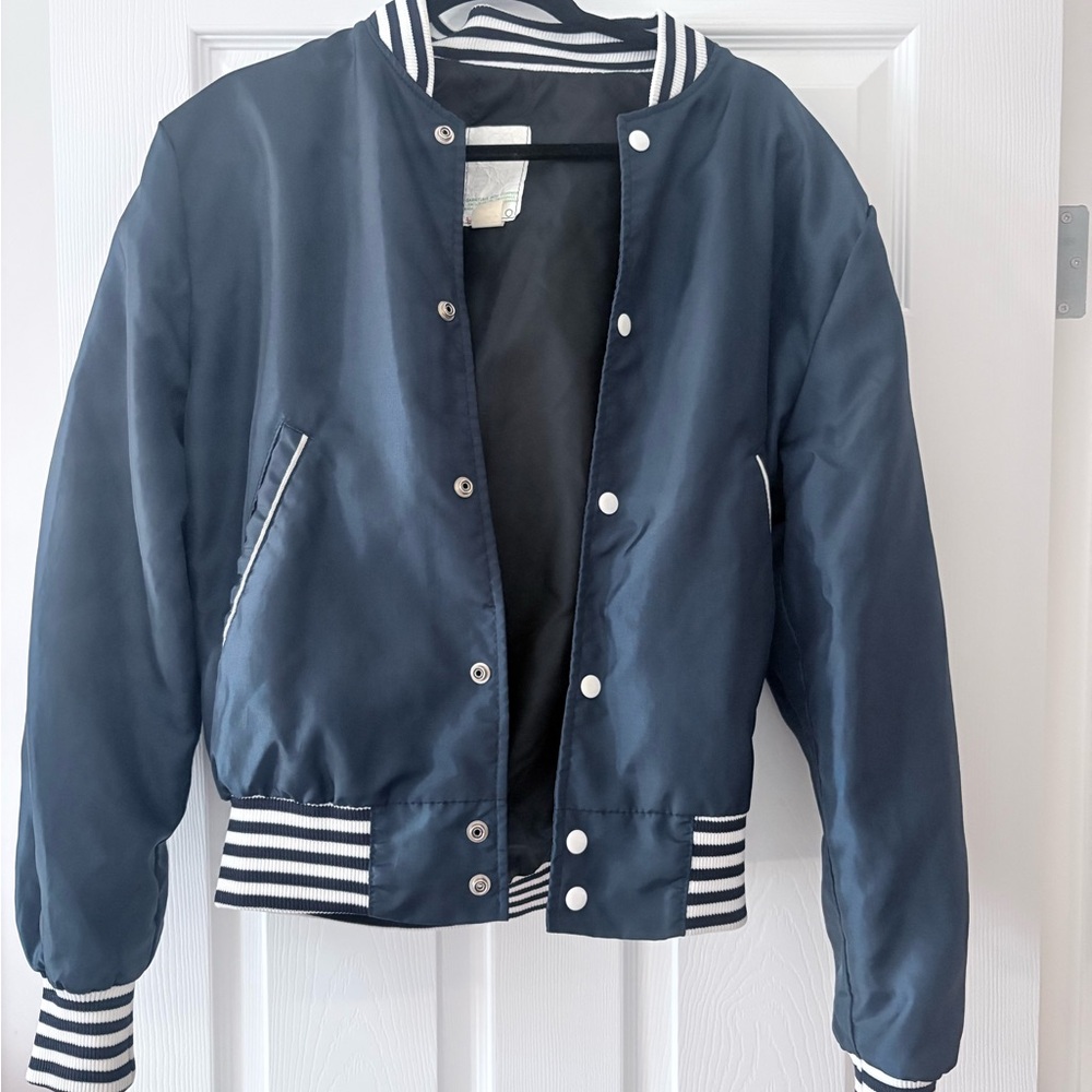 Navy Snap-Front Satin Jacket with Striped Trim - Picture 4 of 6
